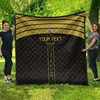 Black and gold custom football quilt with vertical emblem and gold striped top