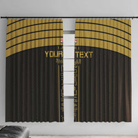 Black and gold football-themed window curtain panels with vertical hieroglyph-style text
