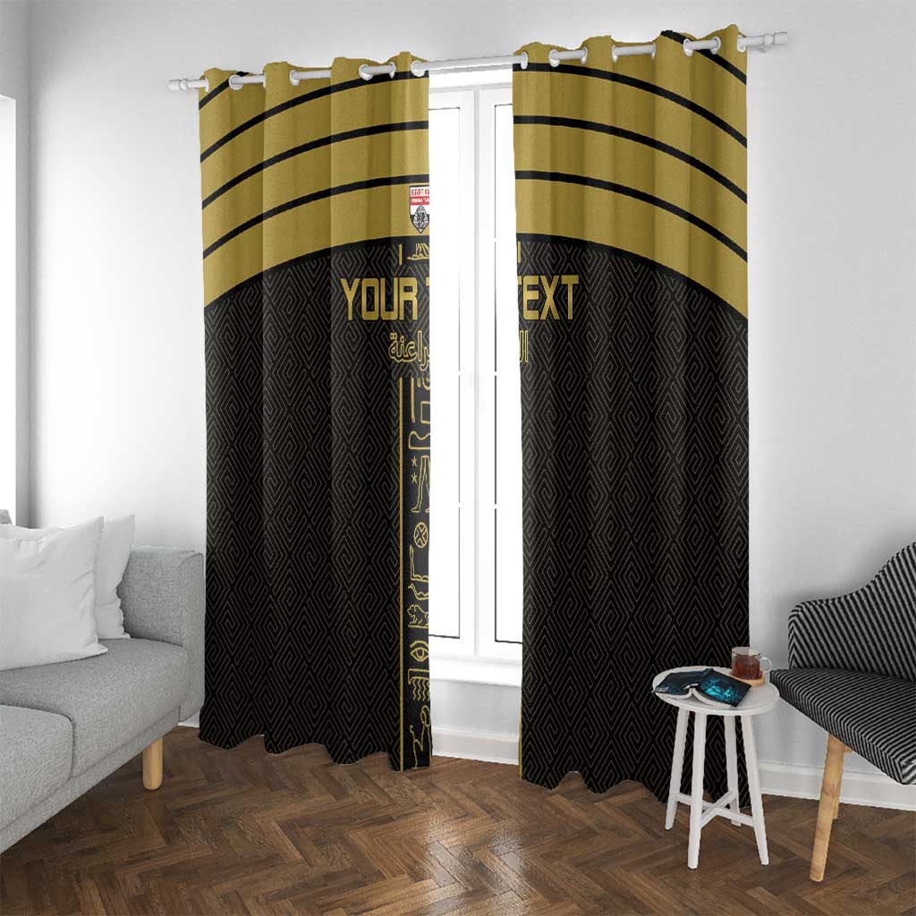 Black and gold curtains with hook hardware, curved stripes, and vertical custom text