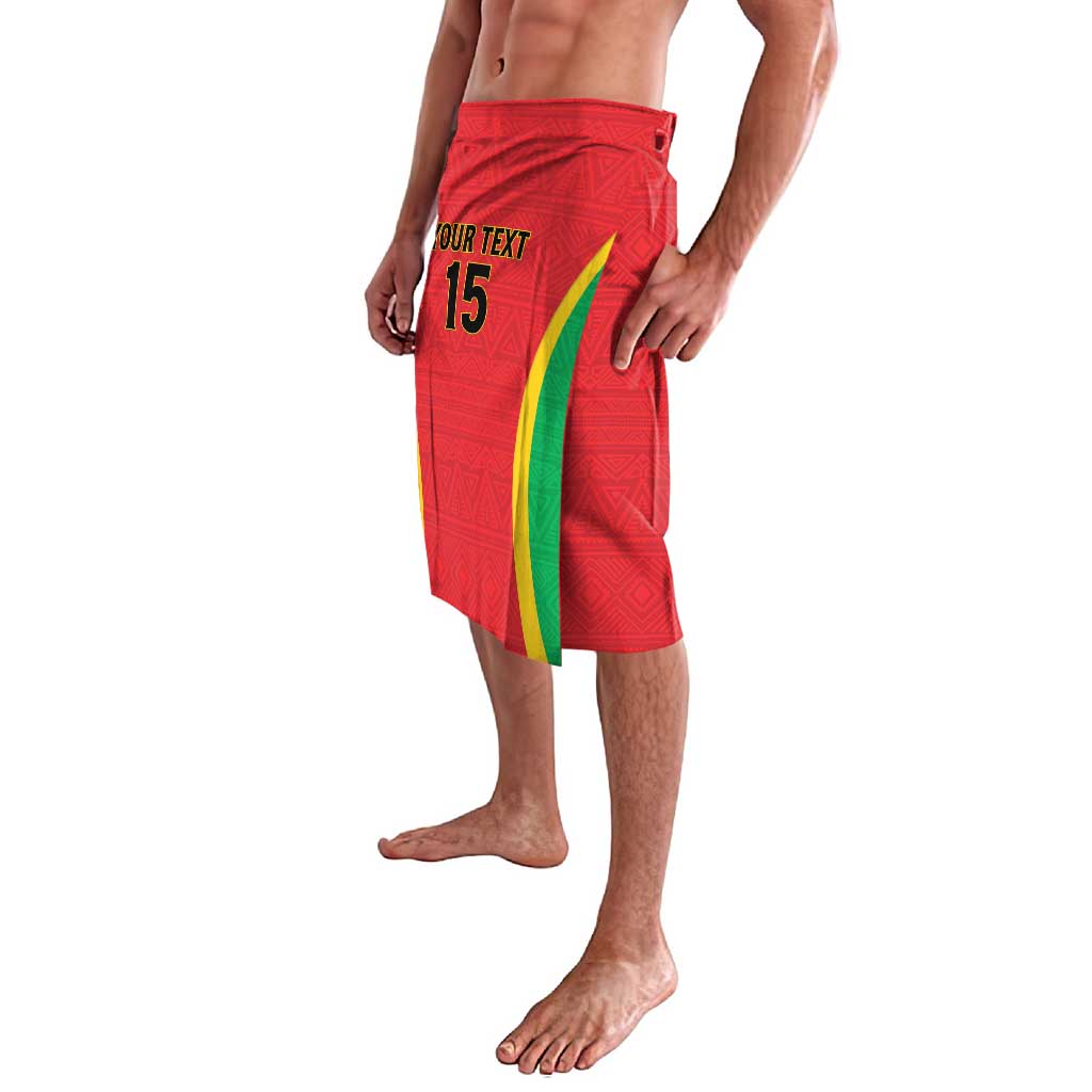 Red custom football shorts with green/yellow front stripe, side view