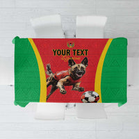 Custom football tablecloth, green sides, red center, yellow stripes, dog and ball graphic