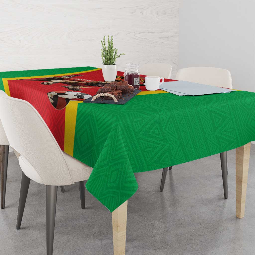 Custom football tablecloth, green patterned fabric with red panel and yellow stripe borders