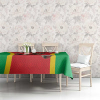 Custom football tablecloth on dining set, green sides and red center with yellow stripe
