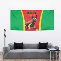 Green football tapestry, red center with custom text, yellow border, dog and soccer ball