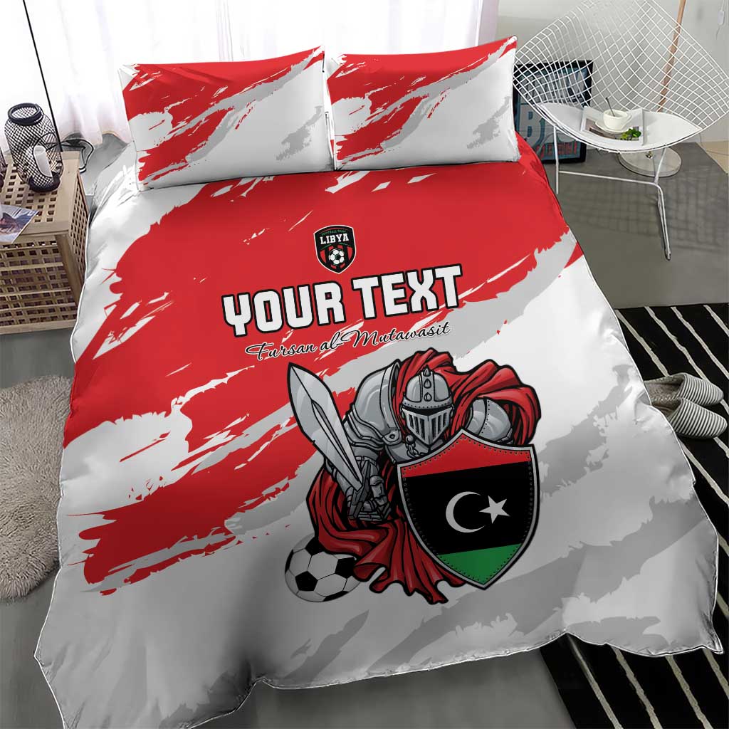 Red and white bedding set with two pillowcases featuring a knight, shield, and soccer ball