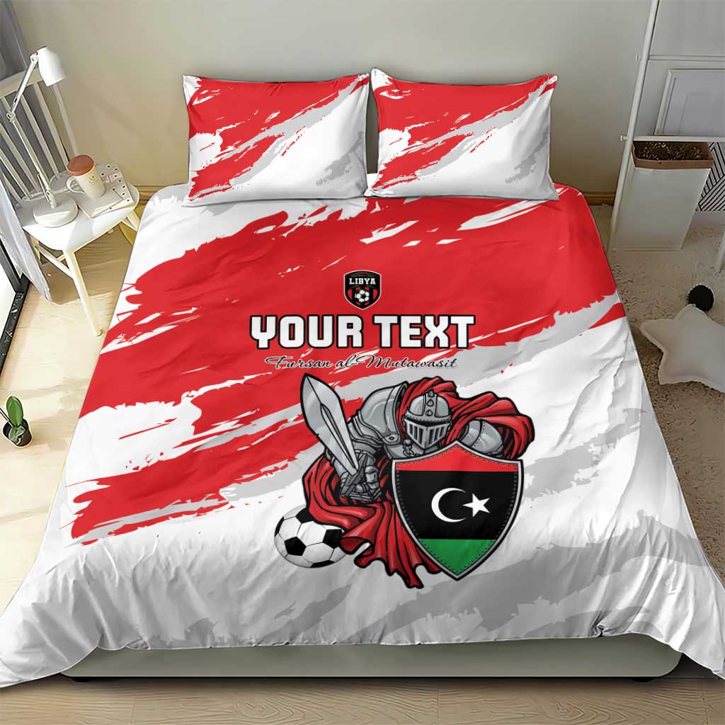 Red and white duvet cover set with two pillowcases showing Libya logo, knight and football