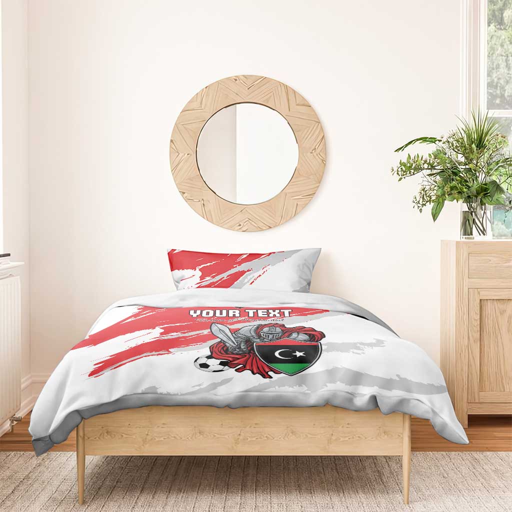 Red and white duvet and pillowcases with knight and soccer ball, "YOUR TEXT" in center