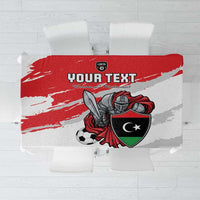 White football tablecloth with red brush stripes and Libya crest graphic on front