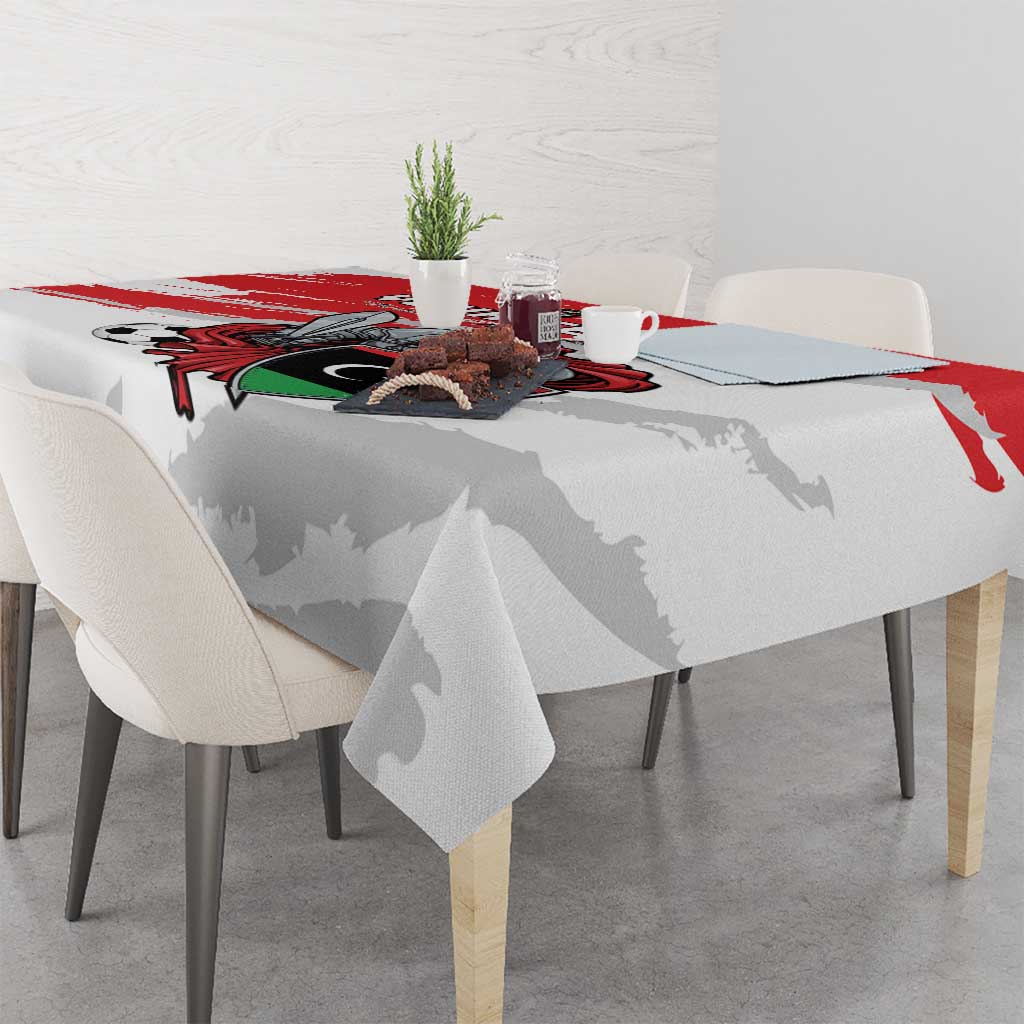 White football tablecloth with red-and-gray graphics and Libya crest, draped over table