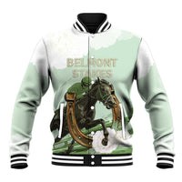 Green and white baseball jacket with striped ribbed collar, horse graphic on front.