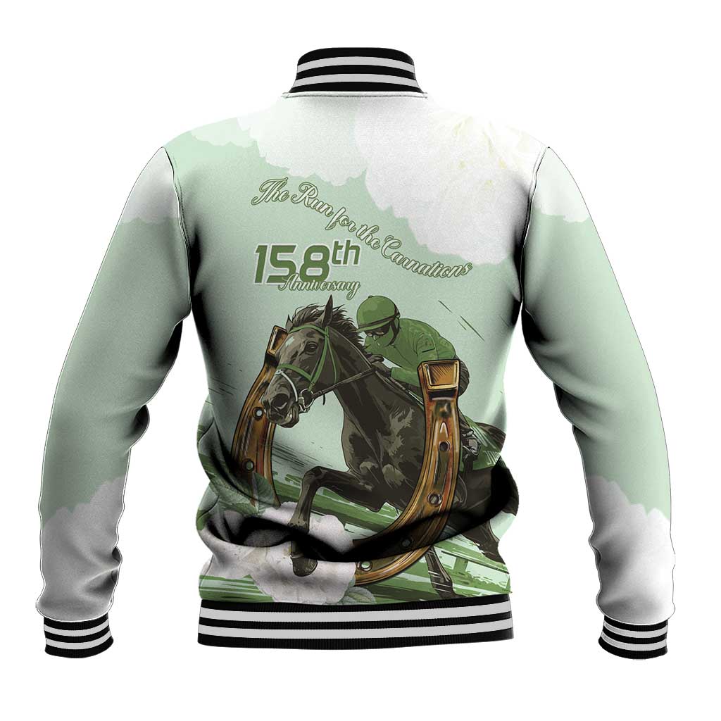 Green and white baseball jacket back with striped ribbed collar and horse racing graphic.