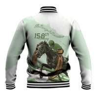 Green and white baseball jacket back with striped ribbed collar and horse racing graphic.