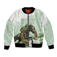 Green bomber jacket with white panels, front zipper, black ribbed cuffs, horse graphic