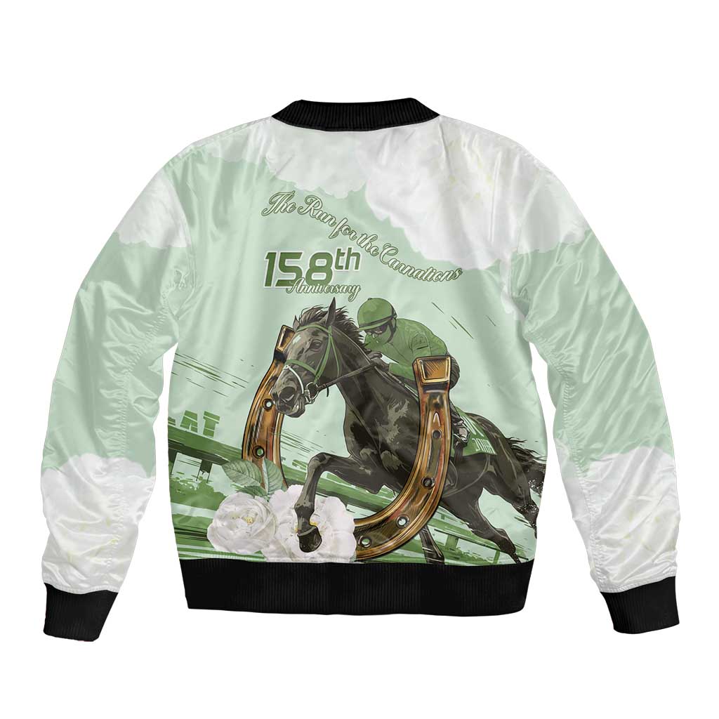 Back of green bomber jacket with white panels, black ribbed hem, horse racing text print
