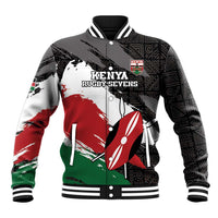 Unisex baseball jacket with black geometric sleeves and Kenya rugby sevens front graphic