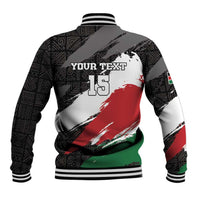 Unisex baseball jacket back with black pattern, red/white/green crest, 'Your text' 15