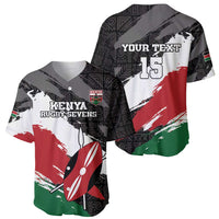 Kenya rugby sevens button baseball jersey, black/white/red/green grunge, crest and rugby graphic