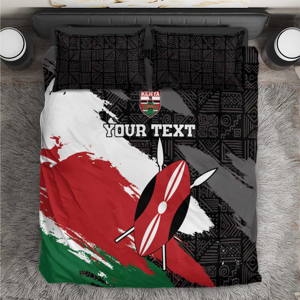 Kenya-themed duvet cover set with black geometric pillowcases, red/green flag and emblem