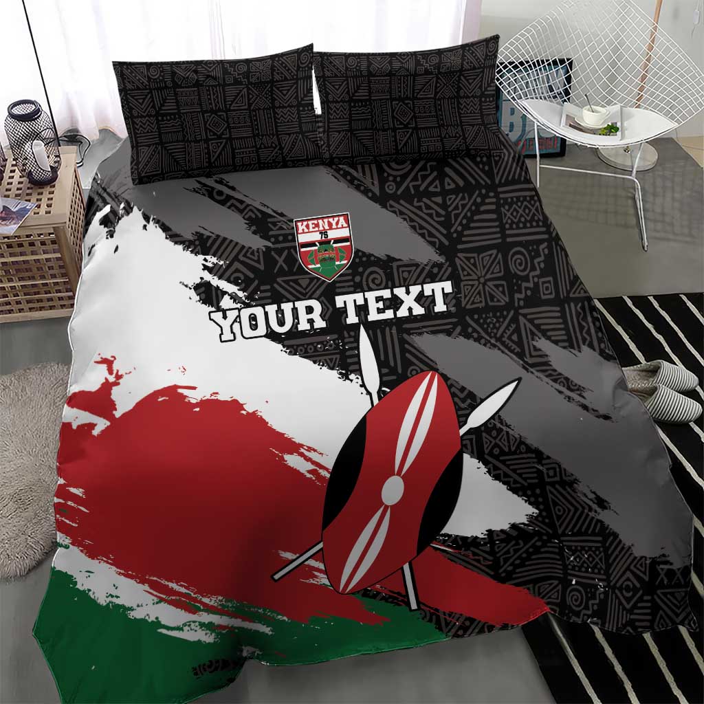 Kenya-themed duvet cover with black geometric pillowcases, coat-of-arms badge and flag