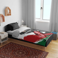 Kenya-themed bedding set: black geometric pillowcases with red/green flag duvet on bed