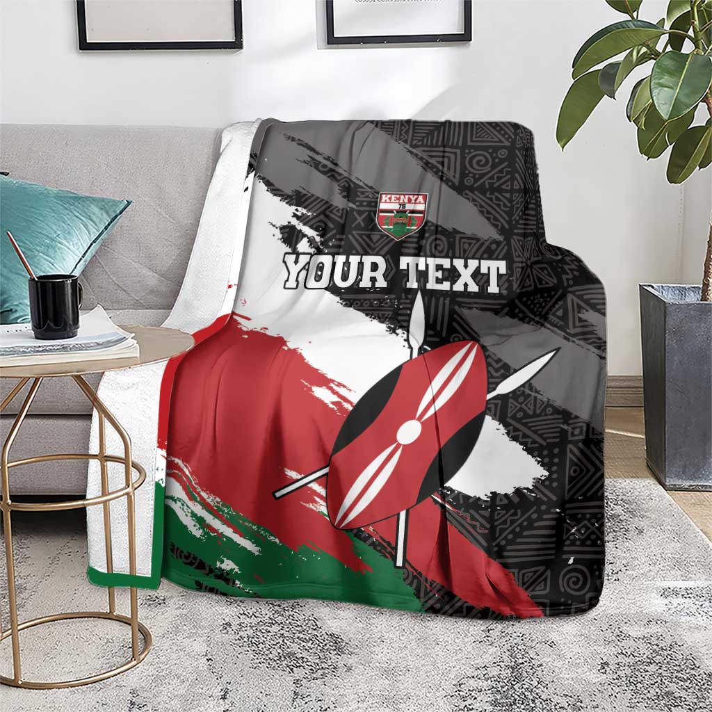 Kenya rugby blanket with black, red, white, green graphic, umbrella and crest, YOUR TEXT