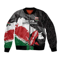 Unisex black bomber jacket with full-zip, ribbed cuffs, Kenya Rugby Sevens logo, red/green print
