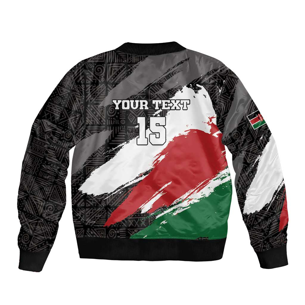 Unisex black bomber jacket full-zip, ribbed hem, custom text 'IS 15' red/green graphic