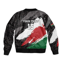 Unisex black bomber jacket full-zip, ribbed hem, custom text 'IS 15' red/green graphic