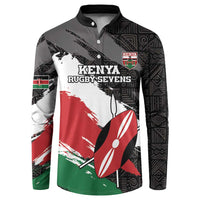 Men's black rugby sevens button sweatshirt with Kenya flag grunge print, long sleeves