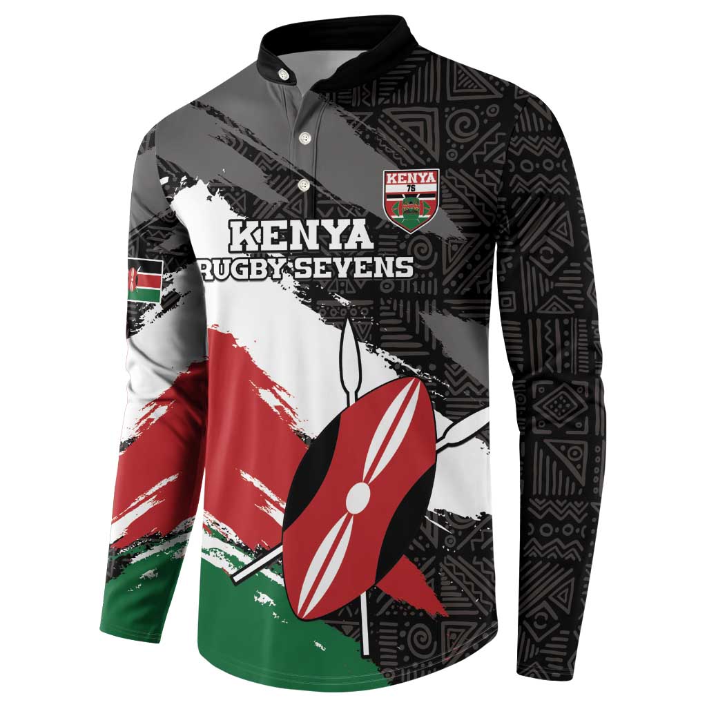 Black rugby sevens button sweatshirt with Kenya crest, spear graphic, long sleeves