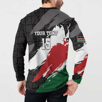 Black rugby sevens button sweatshirt back with 'YOUR TEXT' 15 and Kenya flag stripe