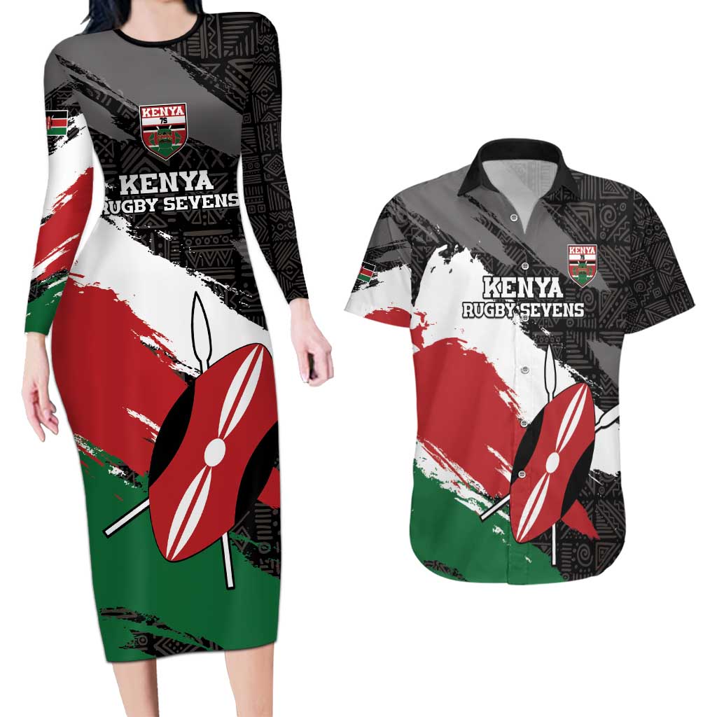 Custom Kenya Rugby Sevens Couples Matching Long Sleeve Bodycon Dress and Hawaiian Shirt African Pattern - Grunge Style - Wonder Print Shop