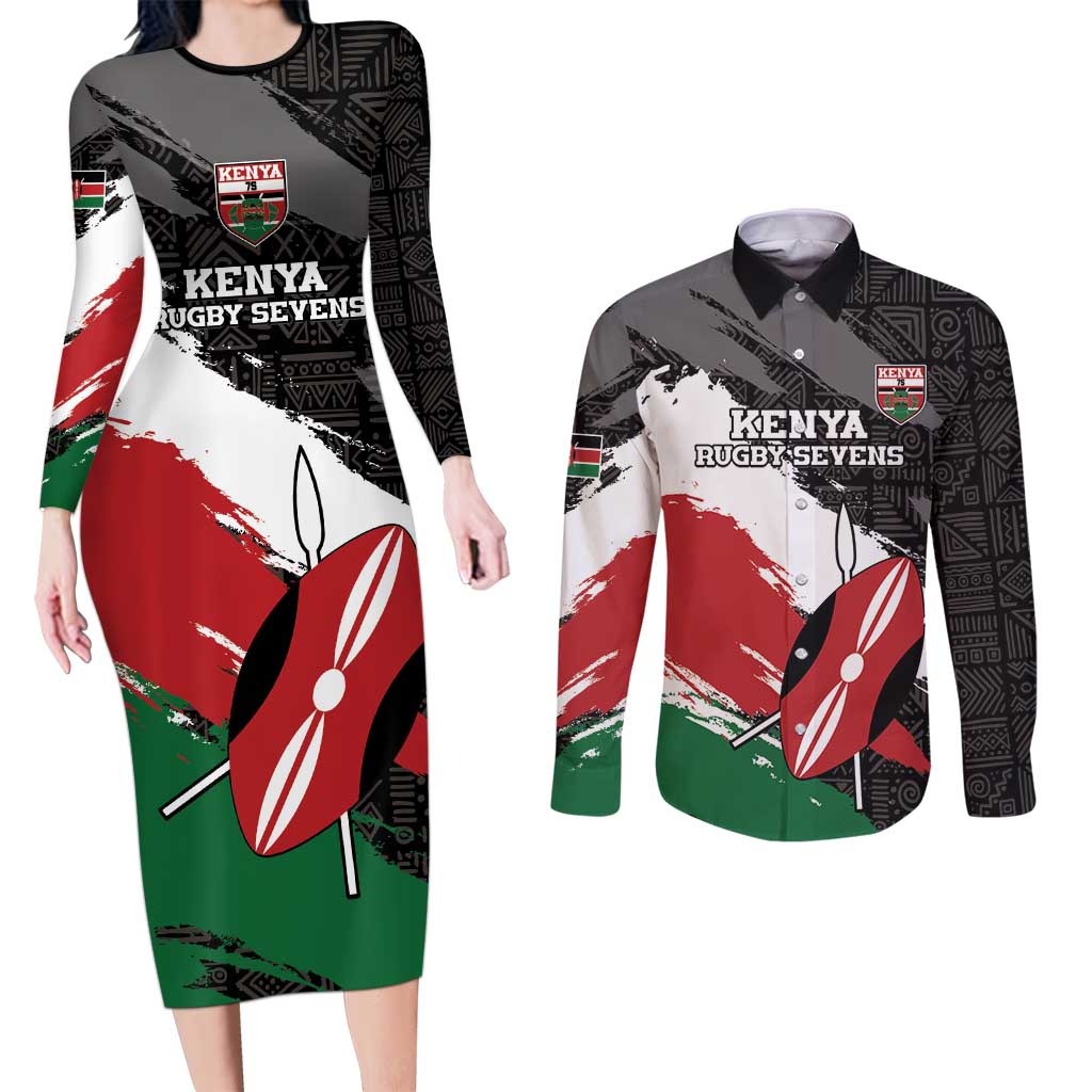 Custom Kenya Rugby Sevens Couples Matching Long Sleeve Bodycon Dress and Long Sleeve Button Shirt African Pattern - Grunge Style