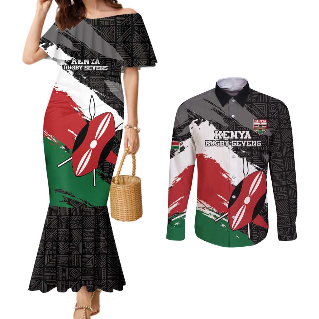 Custom Kenya Rugby Sevens Couples Matching Mermaid Dress and Long Sleeve Button Shirt African Pattern - Grunge Style