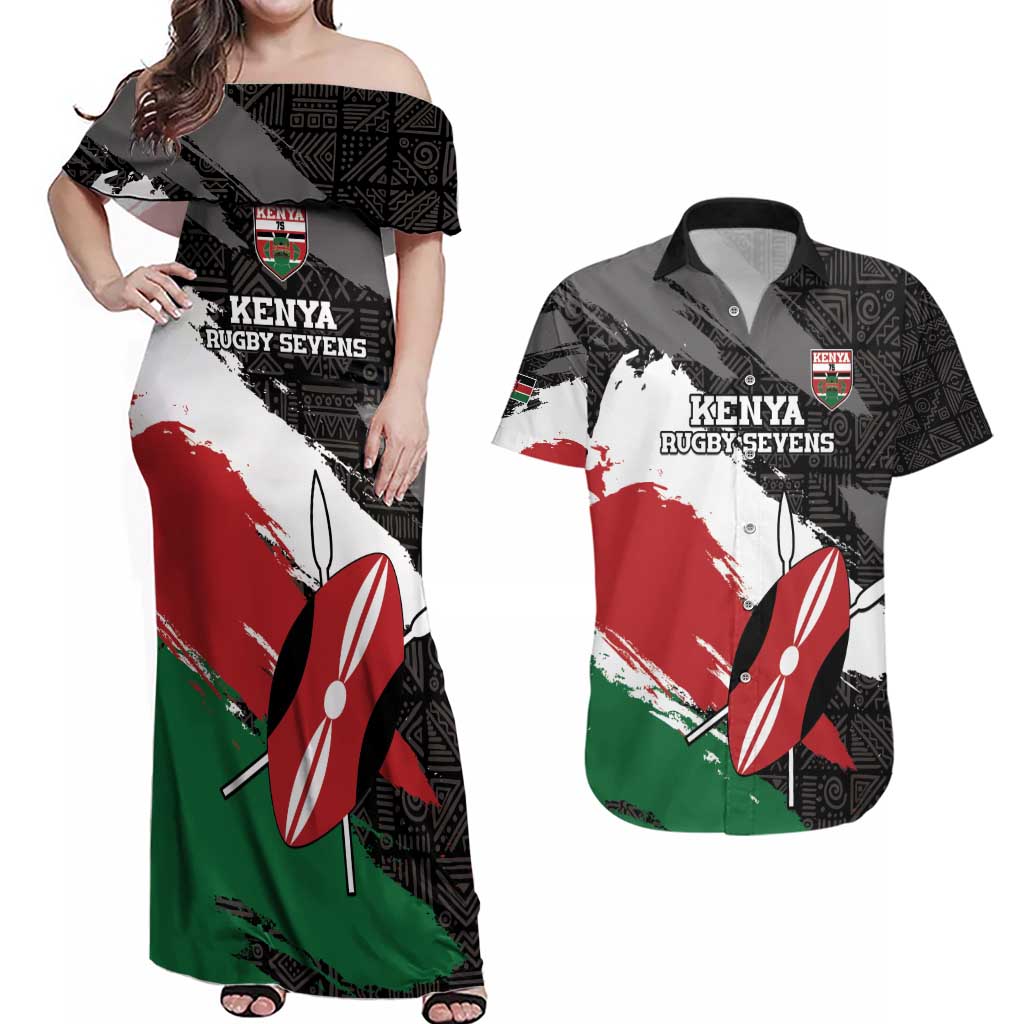 Custom Kenya Rugby Sevens Couples Matching Off Shoulder Maxi Dress and Hawaiian Shirt African Pattern - Grunge Style - Wonder Print Shop