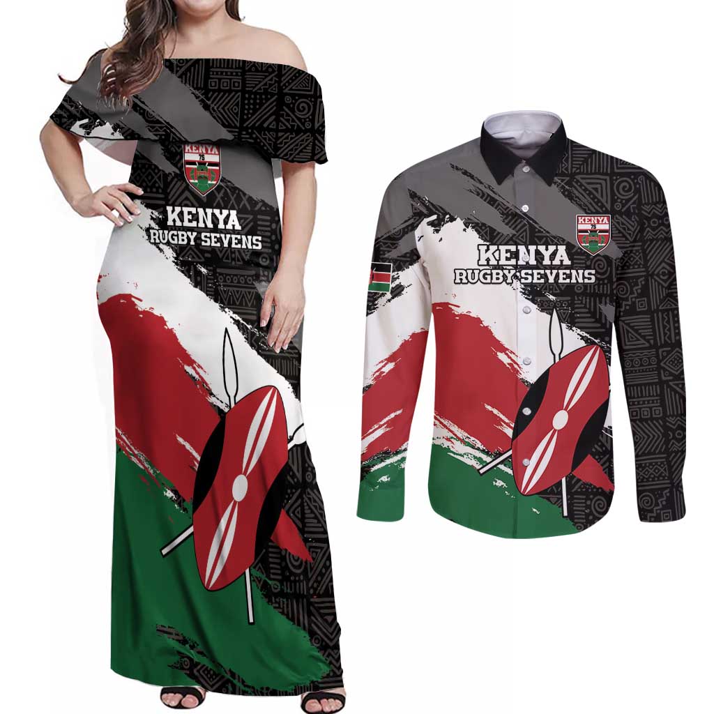 Custom Kenya Rugby Sevens Couples Matching Off Shoulder Maxi Dress and Long Sleeve Button Shirt African Pattern - Grunge Style - Wonder Print Shop