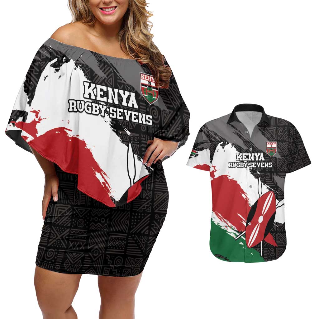 Custom Kenya Rugby Sevens Couples Matching Off Shoulder Short Dress and Hawaiian Shirt African Pattern - Grunge Style - Wonder Print Shop