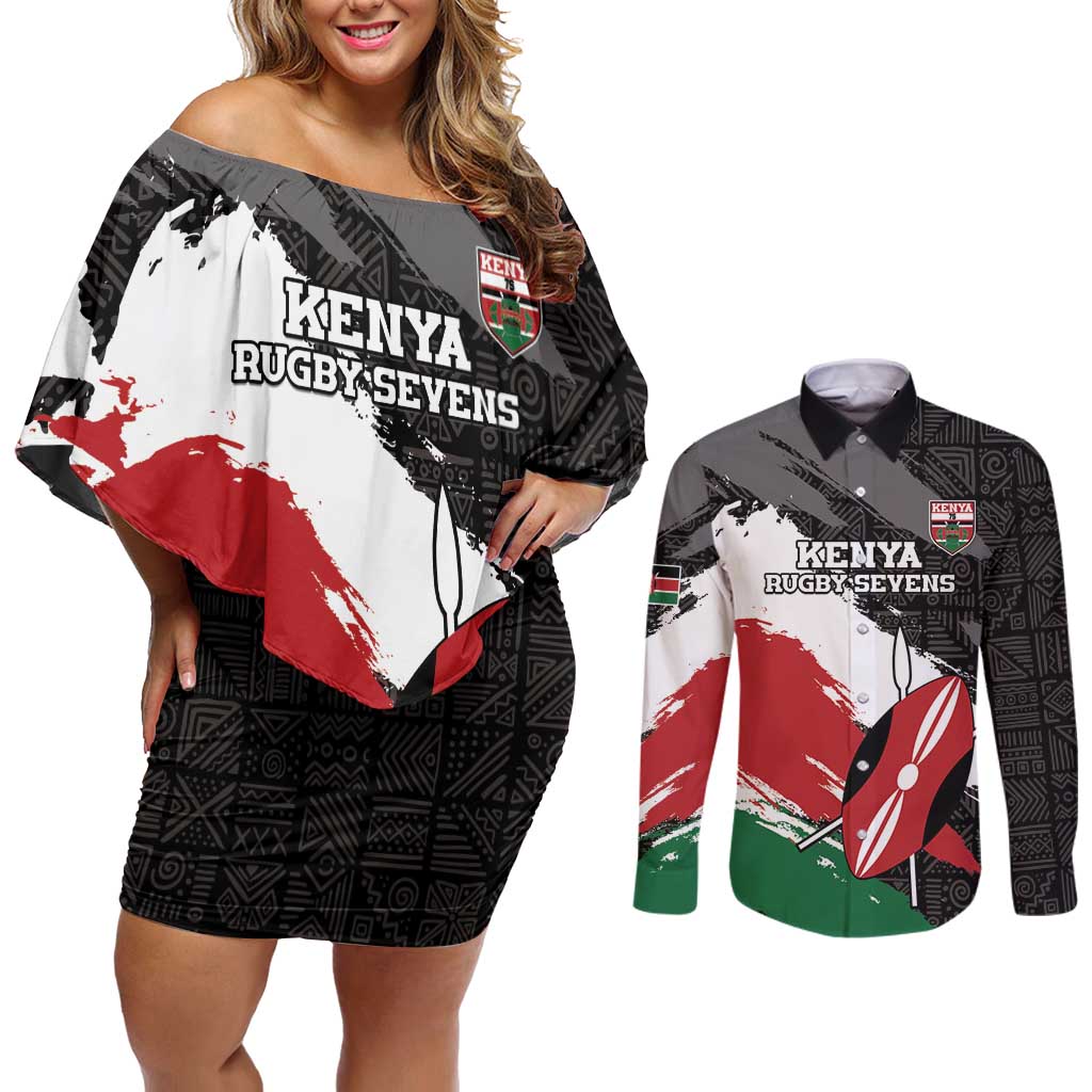 Custom Kenya Rugby Sevens Couples Matching Off Shoulder Short Dress and Long Sleeve Button Shirt African Pattern - Grunge Style