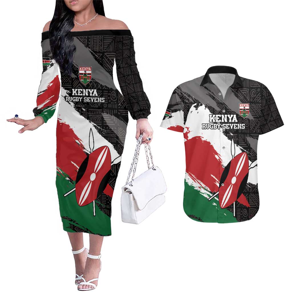 Custom Kenya Rugby Sevens Couples Matching Off The Shoulder Long Sleeve Dress and Hawaiian Shirt African Pattern - Grunge Style - Wonder Print Shop