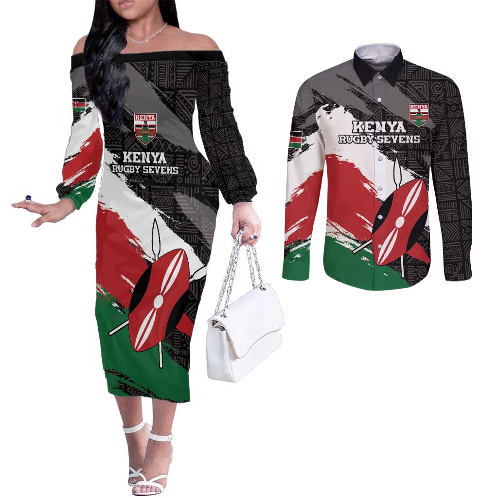 Custom Kenya Rugby Sevens Couples Matching Off The Shoulder Long Sleeve Dress and Long Sleeve Button Shirt African Pattern - Grunge Style