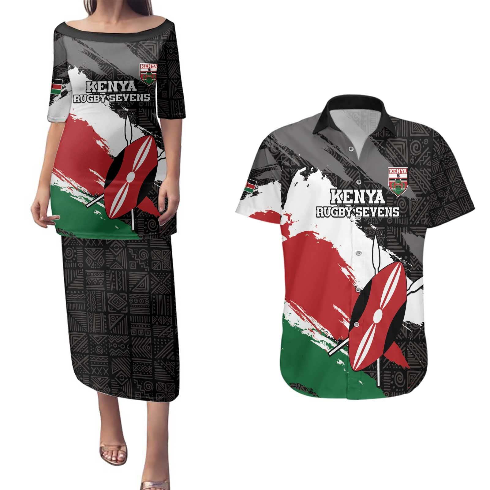 Custom Kenya Rugby Sevens Couples Matching Puletasi and Hawaiian Shirt African Pattern - Grunge Style - Wonder Print Shop