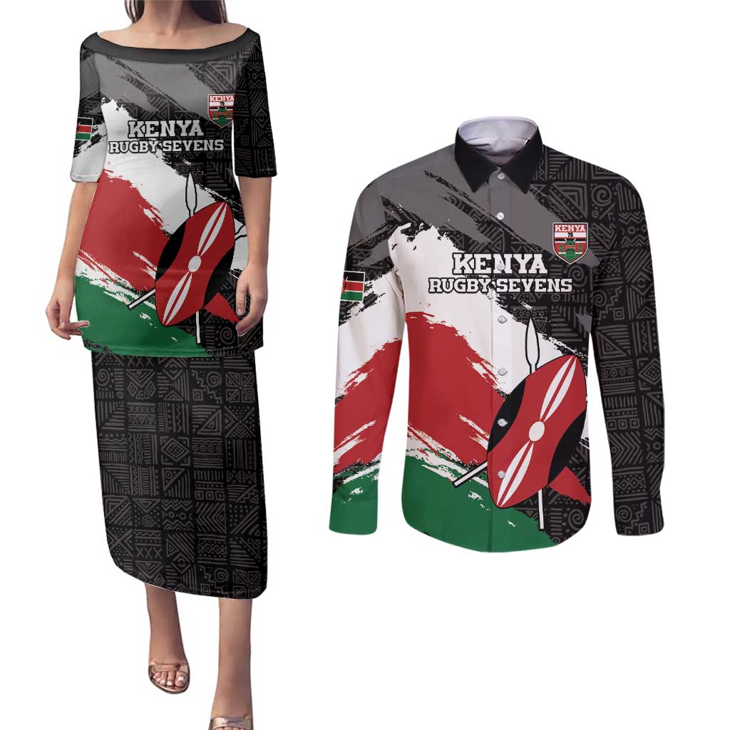 Custom Kenya Rugby Sevens Couples Matching Puletasi and Long Sleeve Button Shirt African Pattern - Grunge Style