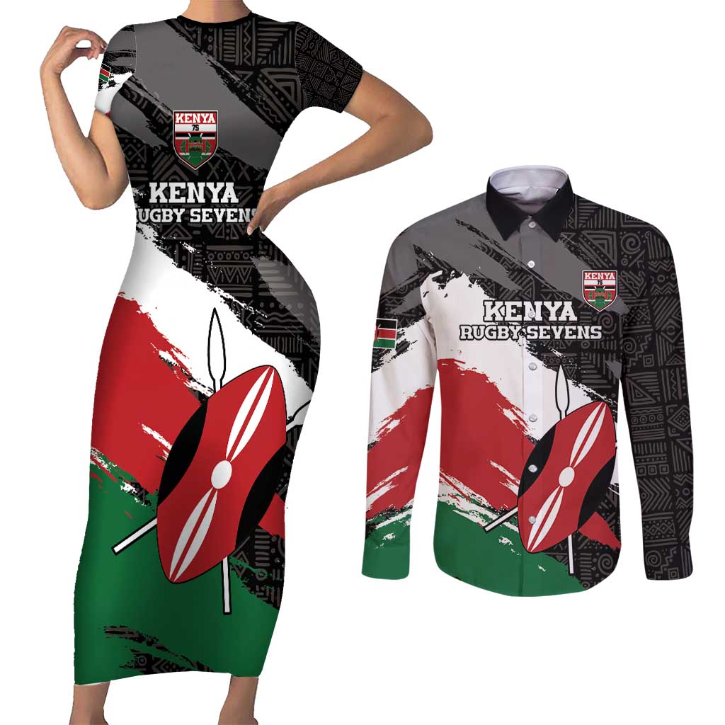 Custom Kenya Rugby Sevens Couples Matching Short Sleeve Bodycon Dress and Long Sleeve Button Shirt African Pattern - Grunge Style