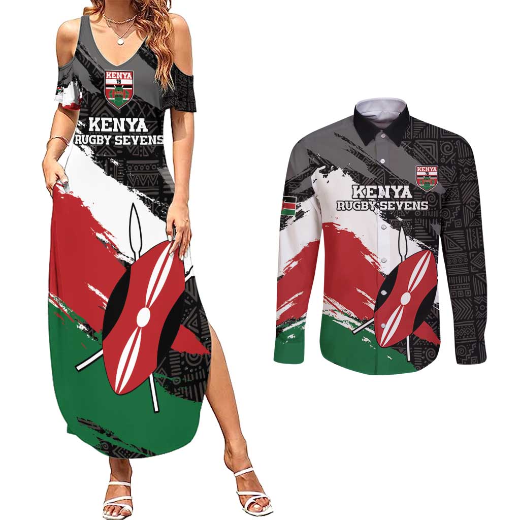 Custom Kenya Rugby Sevens Couples Matching Summer Maxi Dress and Long Sleeve Button Shirt African Pattern - Grunge Style