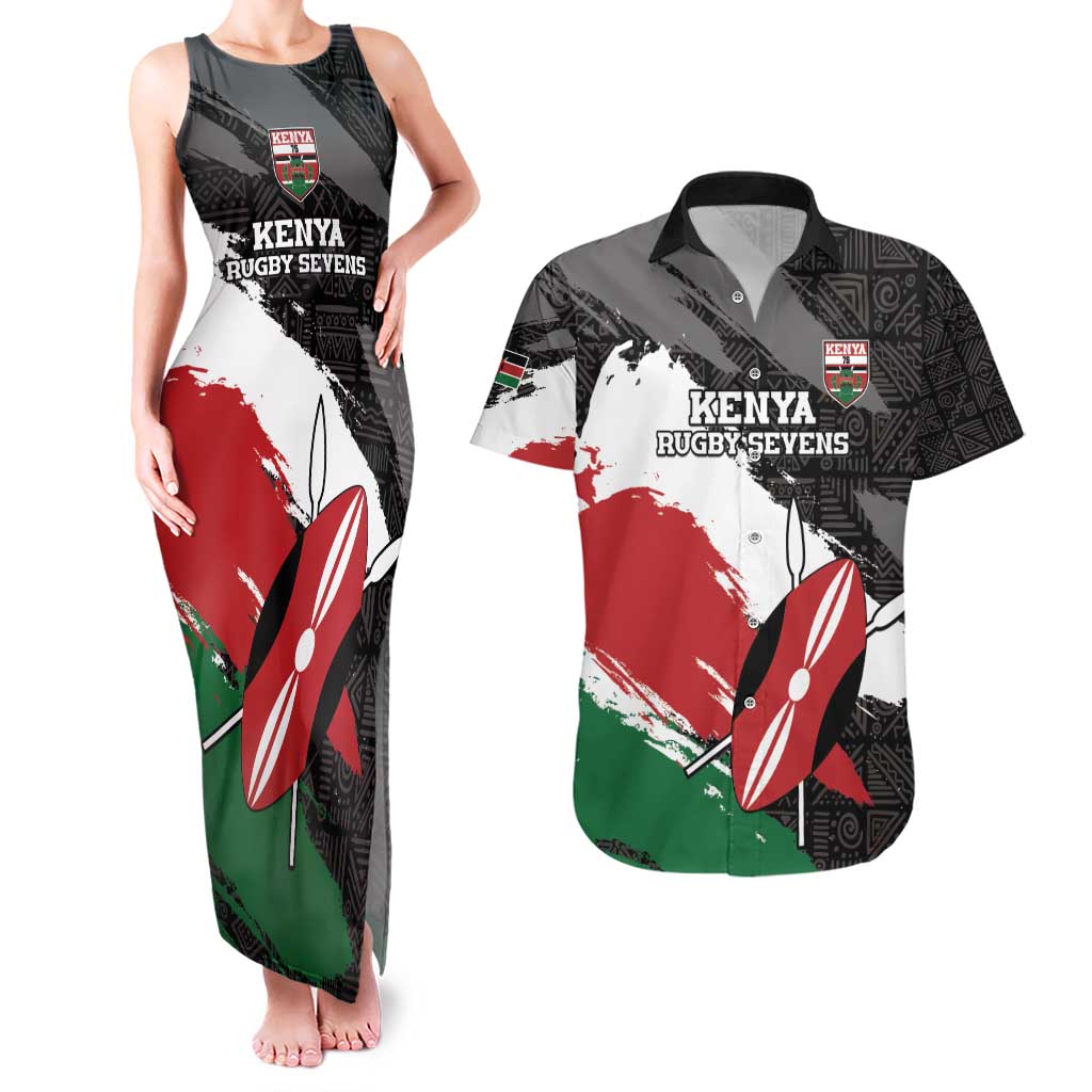 Custom Kenya Rugby Sevens Couples Matching Tank Maxi Dress and Hawaiian Shirt African Pattern - Grunge Style - Wonder Print Shop