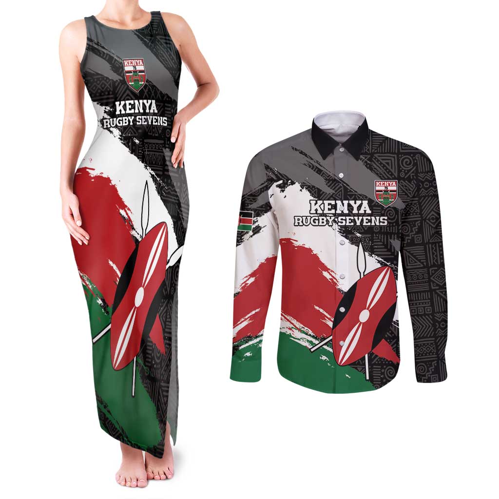 Custom Kenya Rugby Sevens Couples Matching Tank Maxi Dress and Long Sleeve Button Shirt African Pattern - Grunge Style