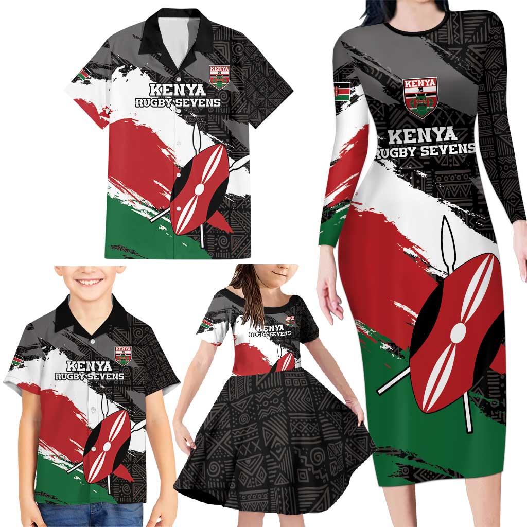 Custom Kenya Rugby Sevens Family Matching Long Sleeve Bodycon Dress and Hawaiian Shirt African Pattern - Grunge Style