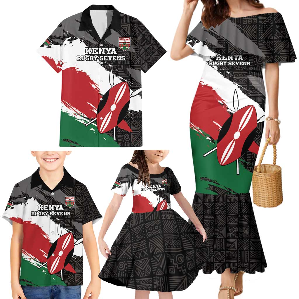 Custom Kenya Rugby Sevens Family Matching Mermaid Dress and Hawaiian Shirt African Pattern - Grunge Style