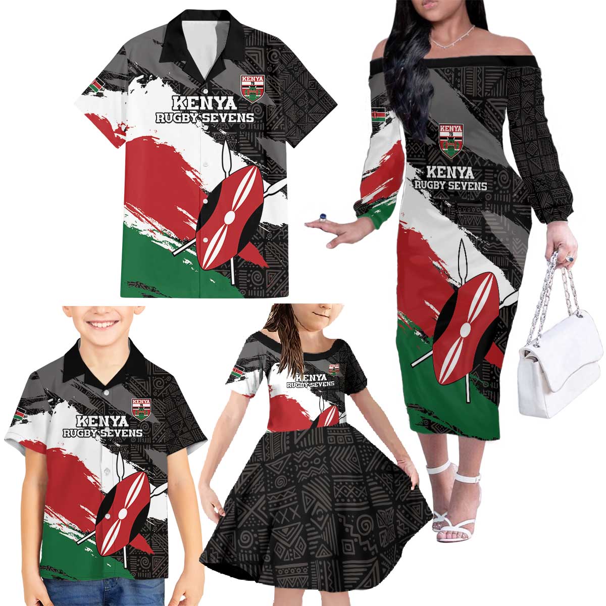 Custom Kenya Rugby Sevens Family Matching Off The Shoulder Long Sleeve Dress and Hawaiian Shirt African Pattern - Grunge Style