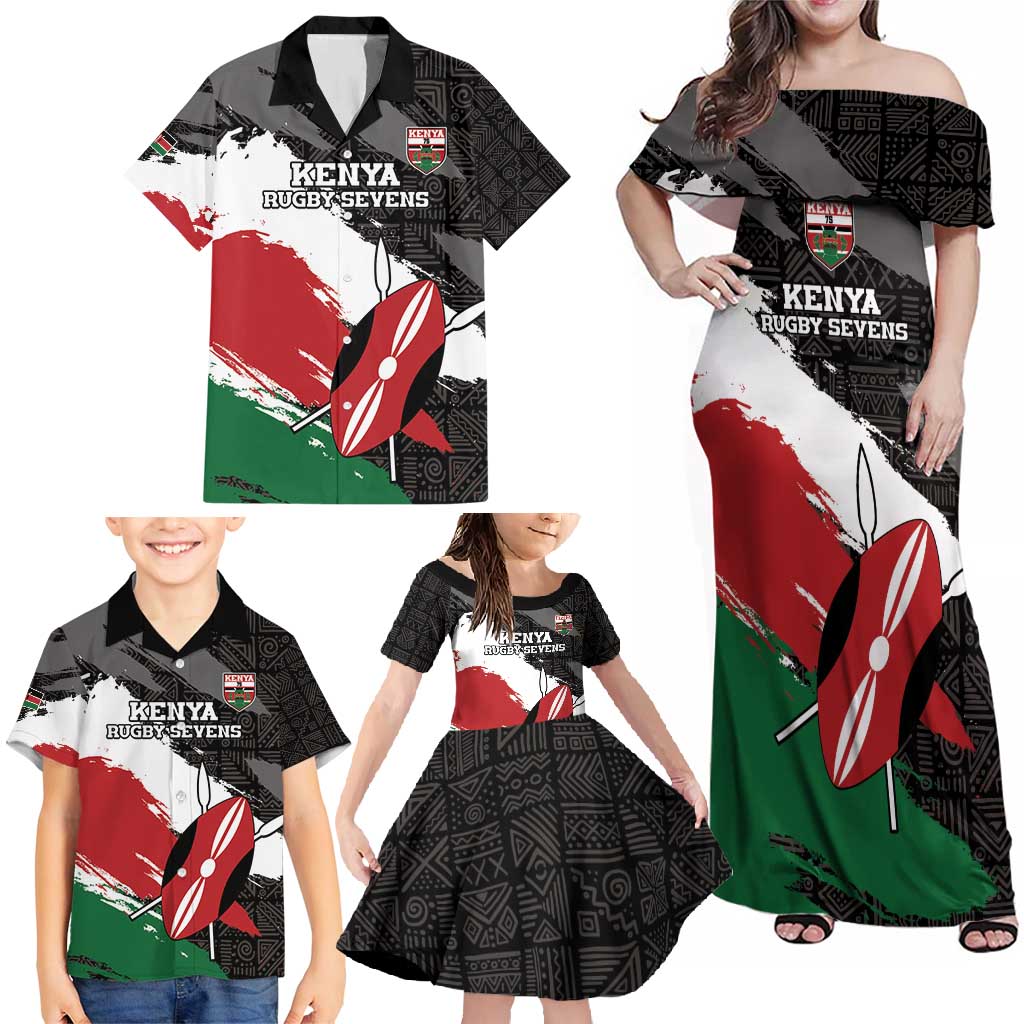 Custom Kenya Rugby Sevens Family Matching Off Shoulder Maxi Dress and Hawaiian Shirt African Pattern - Grunge Style